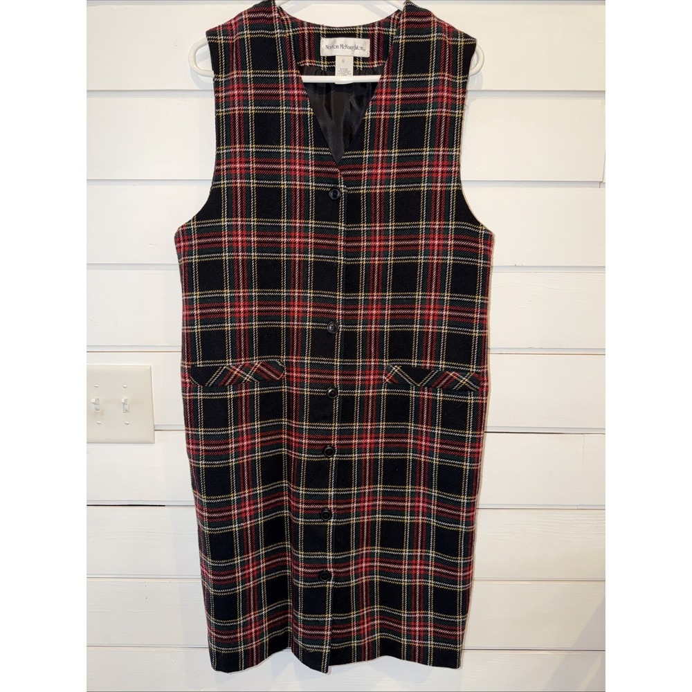 Wmns Norton McNaughton Vintage 90'sNavy Plaid Jumper Dress Sz 6 Wool Blend GW996